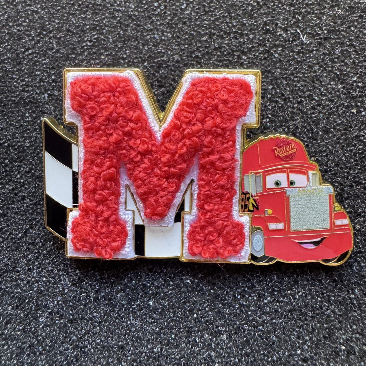 "M" Mack Pixar Cars Chenille Fuzzy Letters Blind Box Pin