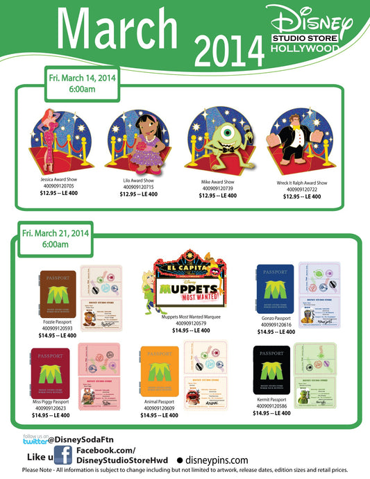 Disney Studio Store Hollywood March 2014 Pin Releases