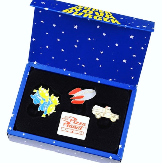 Toy Story Pizza Planet Pin Set Box Open - Disney Store Japan