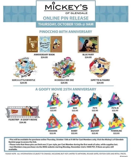 Pinocchio 80th Anniversary & A Goofy Movie 25th Anniversary WDI Pin Release