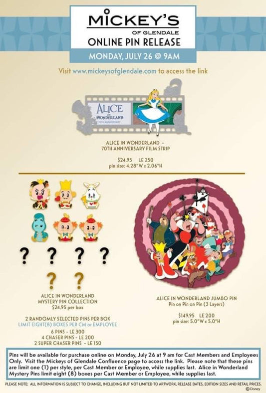 Alice in Wonderland 70th Anniversary WDI Pin Releases