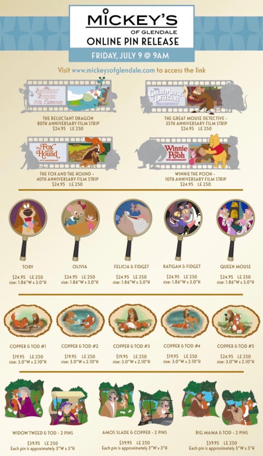 The Great Mouse Detective 35th, Fox and the Hound Anniversary 40th Anniversary & More WDI Pin Releases