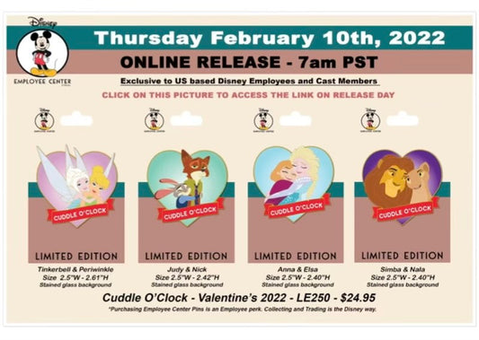 Cuddle O’Clock Valentine’s 2022 Pins at Disney Employee Center