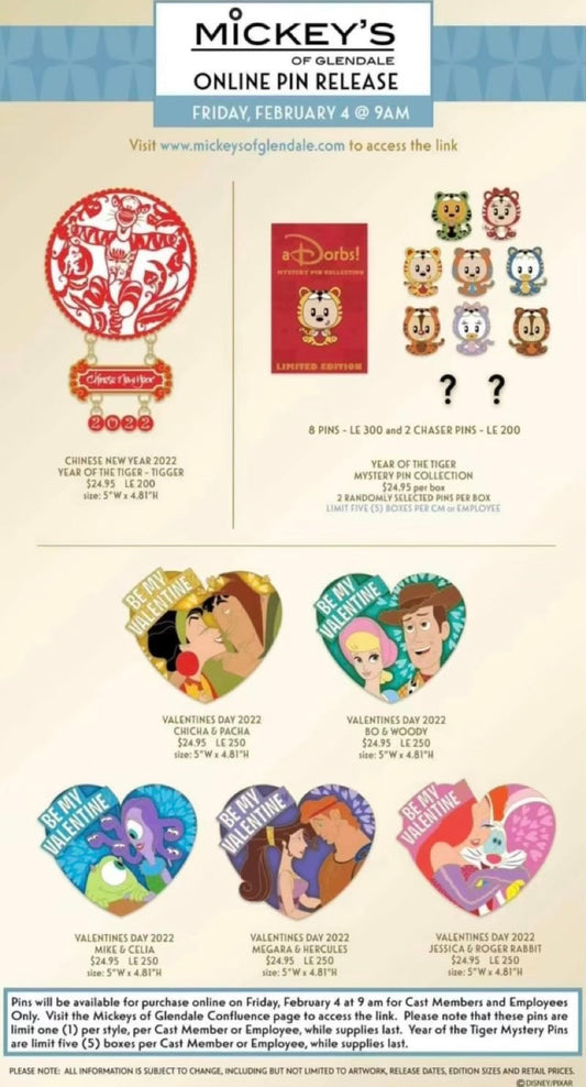 Lunar New Year & Valentine’s Day 2022 WDI Pin Releases at Mickey’s of Glendale