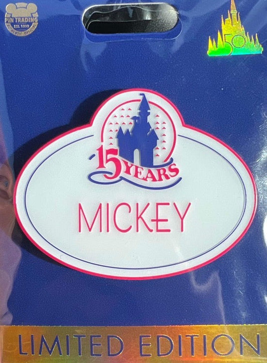 Mickey 15th Anniversary Nametag WDW 50th Cast Member Pin