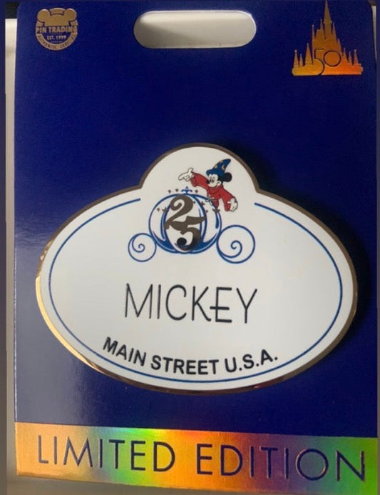 Mickey 25th Anniversary Nametag WDW 50th Cast Member Pin