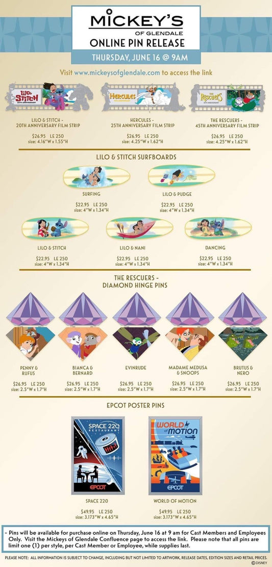 Lilo & Stitch, The Rescuers & EPCOT Poster WDI Pin Release at Mickey’s of Glendale