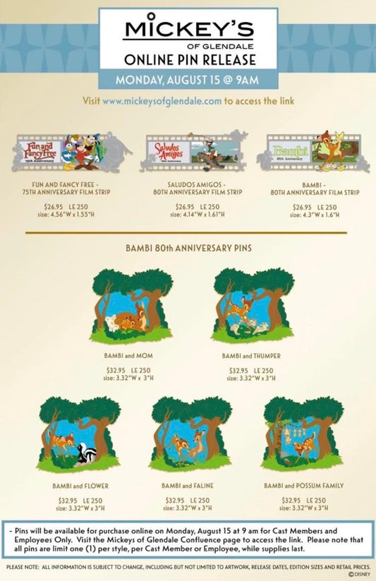 Bambi, Fun, Fancy, and Free and Saludos Amigos Anniversary WDI Pin Releases at Mickey's of Glendale