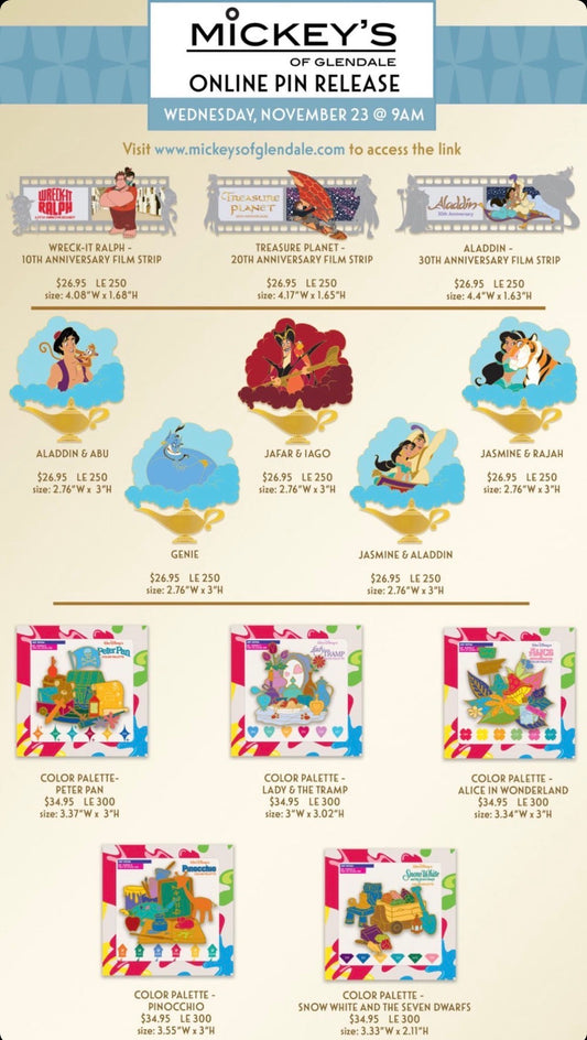 Aladdin 30th Anniversary & Color Palette WDI Pin Releases at Mickey’s of Glendale