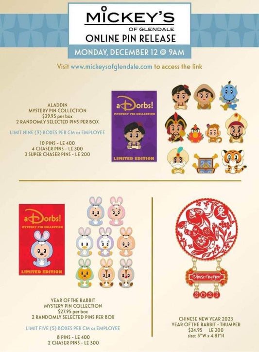 Aladdin aDorbs & Chinese New Year 2023 WDI Pins at Mickey’s of Glendale