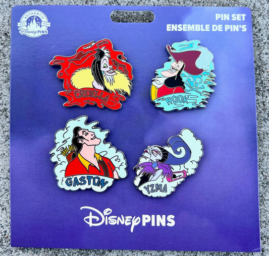 Cruella, Hook, Gaston & Yzma Booster Pin Set at Disney Parks