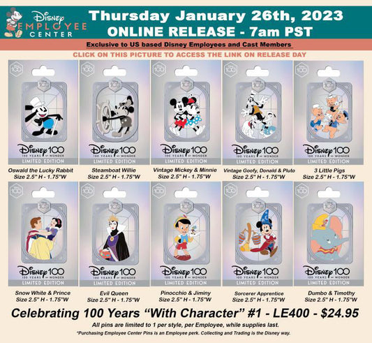 Celebrating 100 Years with Character Series 1 Pins at Disney Employee Center