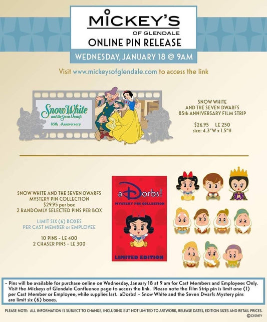 Snow White and the Seven Dwarfs 85th Anniversary WDI Pin Releases at Mickey’s of Glendale