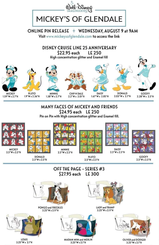 DCL 25th Anniversary, Off the Page Series 3 WDI Pins at Mickey’s of Glendale