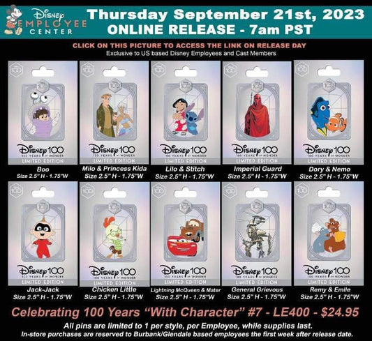 Celebrating 100 Years with Character Series 7 Pins at Disney Employee Center