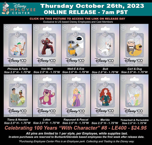 Celebrating 100 Years with Character Series 8 Pins at Disney Employee Center