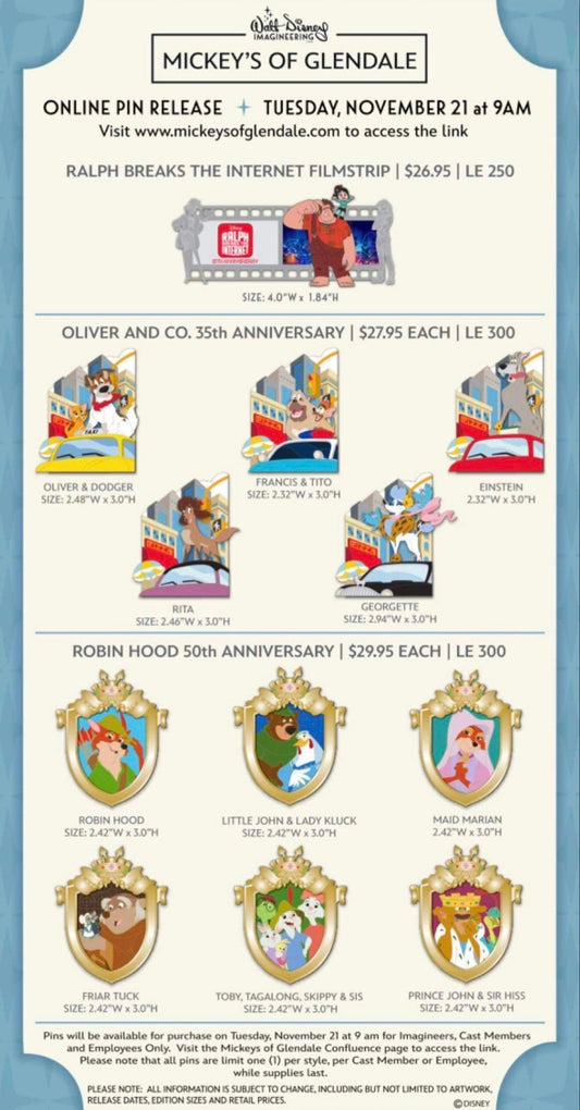 Oliver & Company 35th and Robin Hood 50th Anniversary WDI Pins at Mickey’s of Glendale