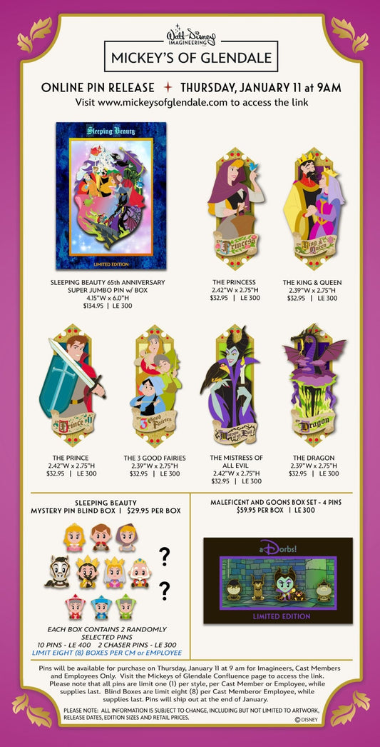 Sleeping Beauty 65th Anniversary WDI Pins at Mickey’s of Glendale