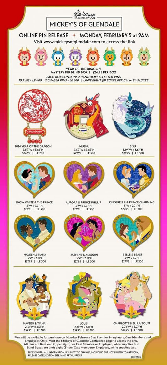 Year of the Dragon, Valentine and Mardi Gras 2024 WDI Pins at Mickey’s of Glendale