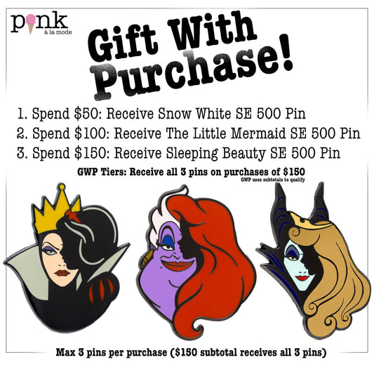 Villain/Princess Gift with Purchase Pins at Pink a la Mode