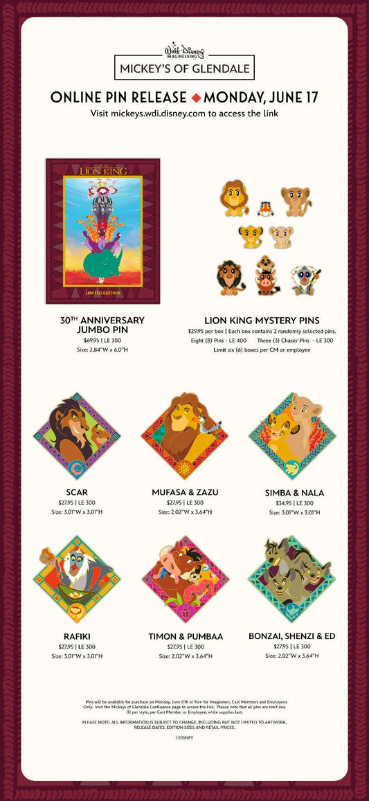The Lion King 30th Anniversary WDI Pins at Mickey’s of Glendale
