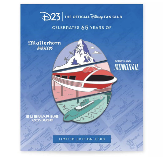 Matterhorn Bobsleds, Disneyland Monorail, Submarine Voyage 65th Anniversary D23 Gold Member Pin Set