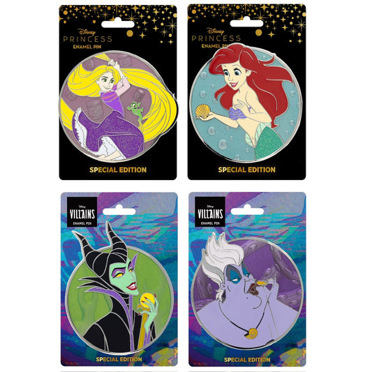 Maleficent, Ursula, Rapunzel and Ariel Disney Expression Pins at Pink a la Mode