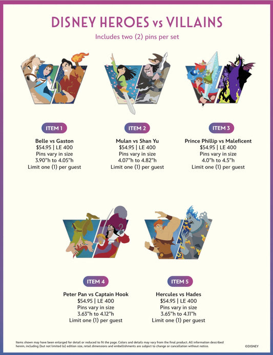 Disney Heroes Vs Villains WDI Pins – D23 2024