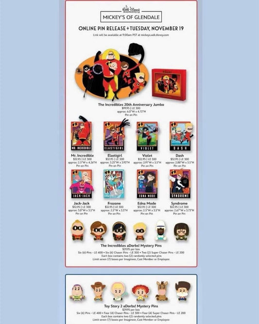 The Incredibles 20th Anniversary WDI Pins at Mickey’s of Glendale