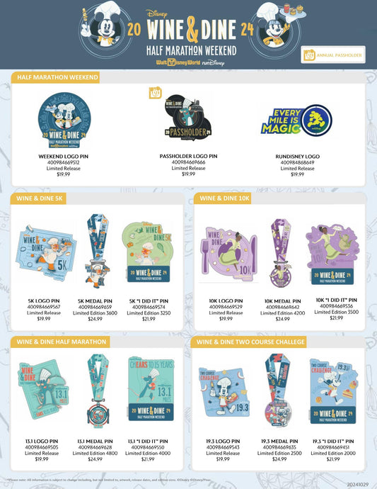 Wine & Dine Half Marathon Weekend 2024 runDisney Pins