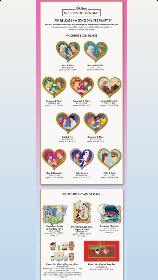 Valentine’s Gem Hearts & Pinocchio 85th Anniversary WDI Pins at Mickey’s of Glendale