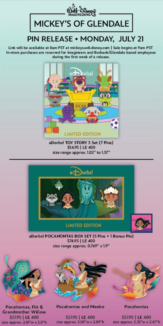 Toy Story 3 & Pocahontas WDI Pins at Mickey’s of Glendale