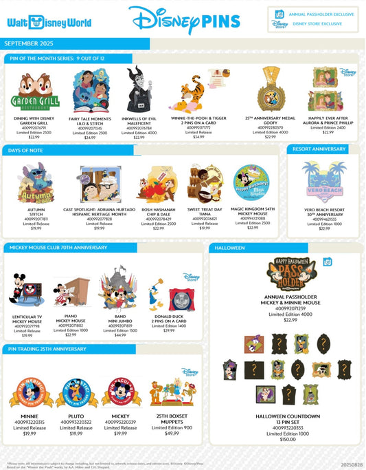 September 2025 Walt Disney World Pin Preview