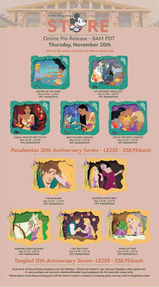 Pocahontas 30th & Tangled 15th Anniversary Pin Releases at The Walt Disney Company Store