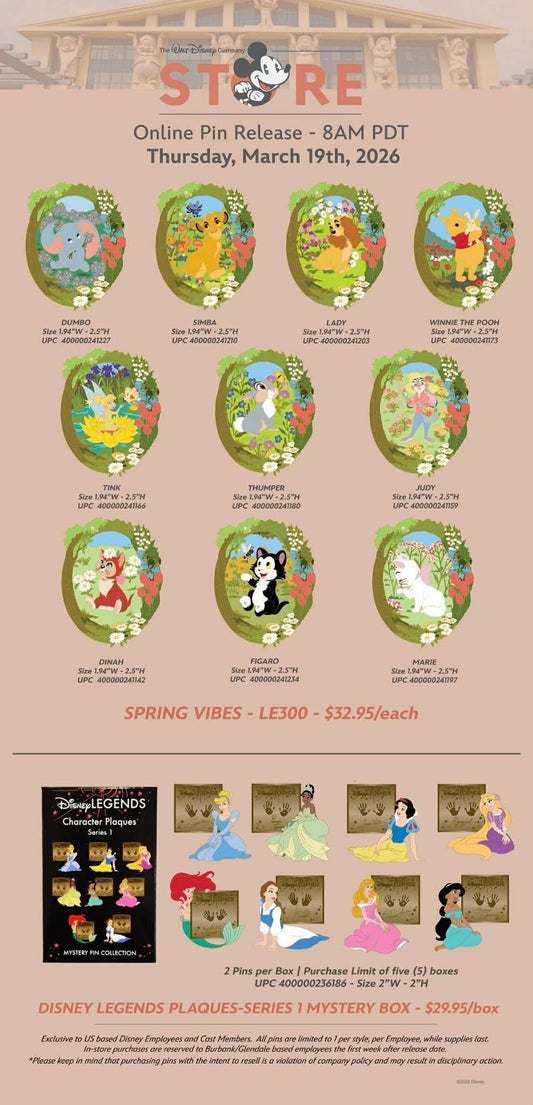 Spring Vibes & Disney Legends Plaques Pins at The Walt Disney Company Store