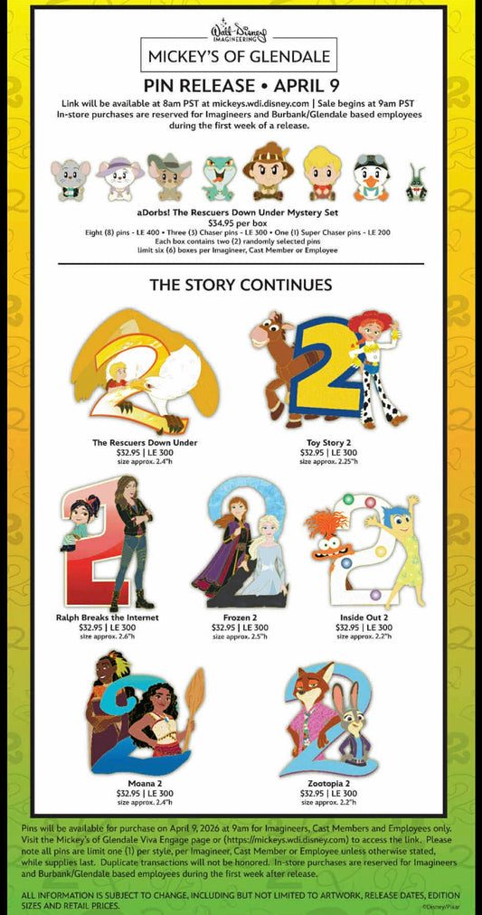 The Rescuers Down Under aDorbs & The Story Continues WDI Pins at Mickey’s of Glendale