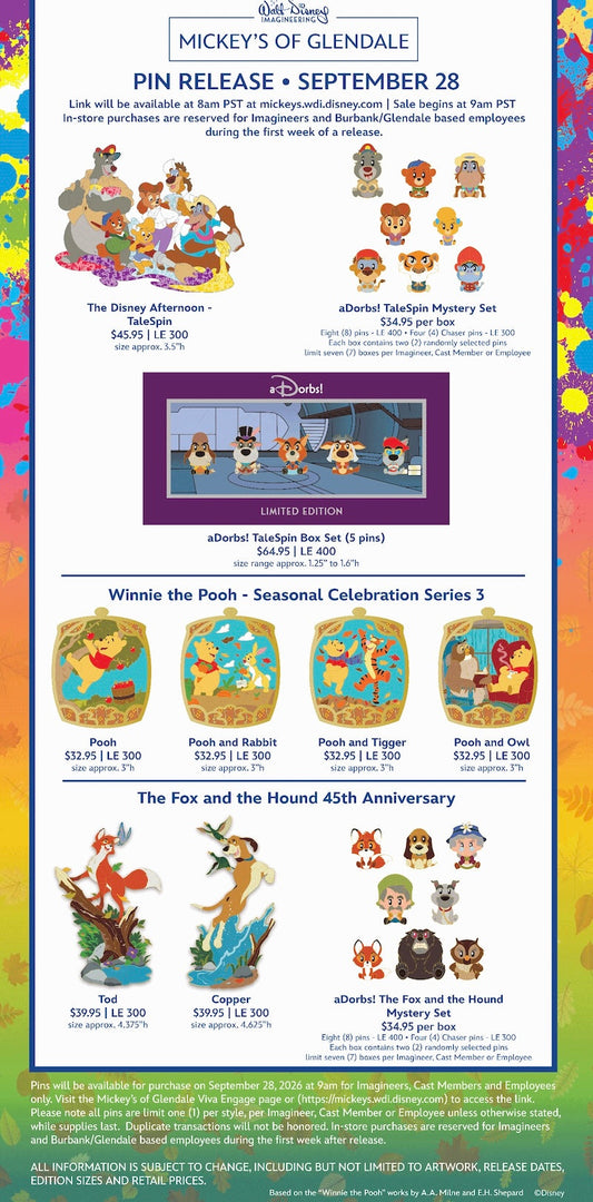 The Disney Afternoon, Winnie the Pooh & Fox and the Hound WDI Pins at Mickey’s of Glendale
