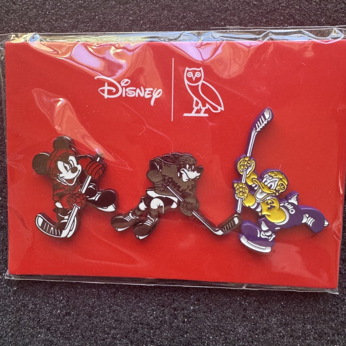 Mickey, Goofy, & Donald Playing Hockey Drake's Clothing Line Pin Set