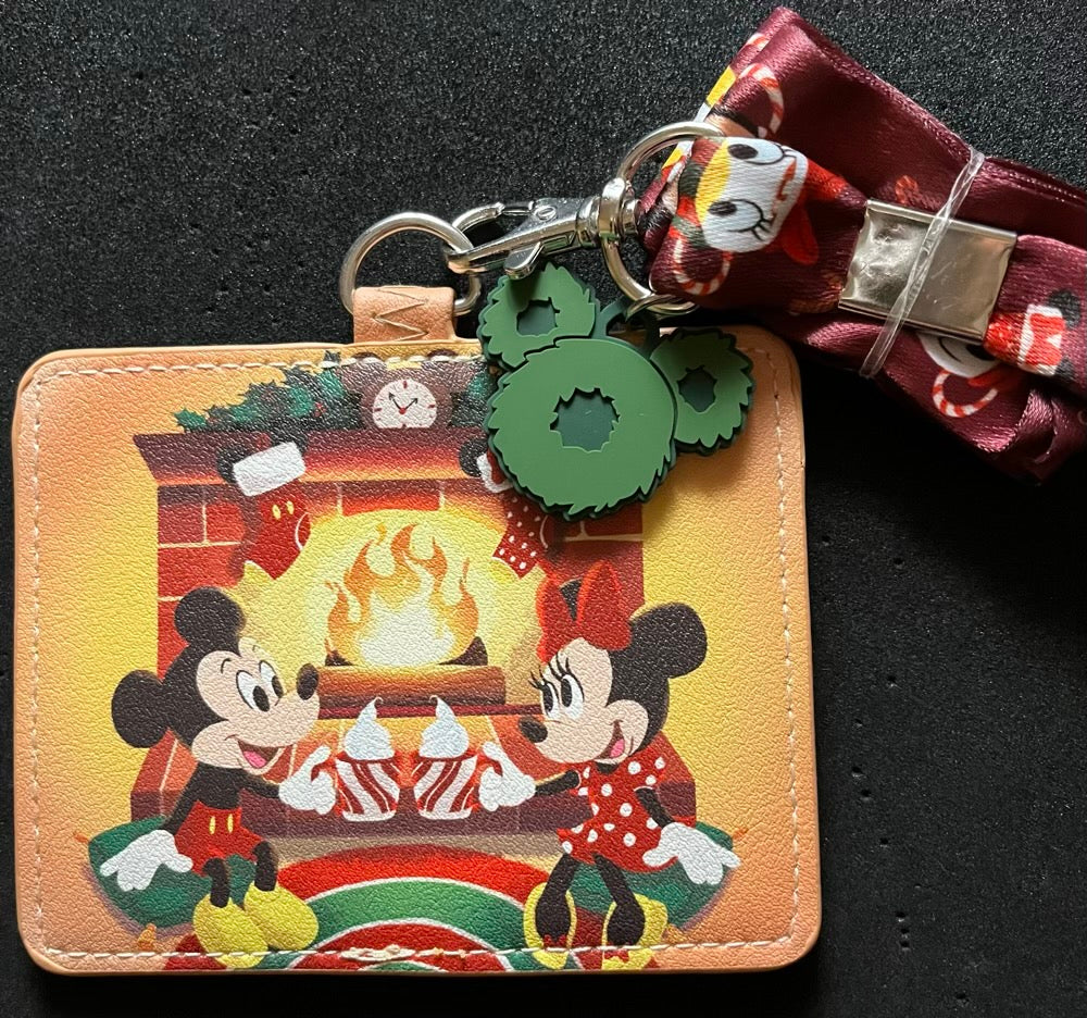 Mickey and Minnie Mouse Fireplace Cocoa Loungefly Cardholder Lanyard - Front