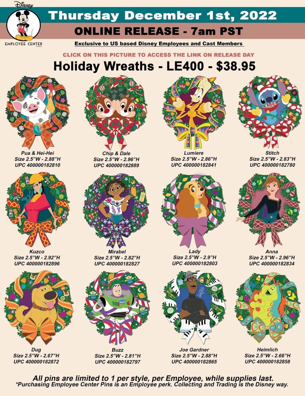 Holiday Wreaths 2022 Pins at Disney Employee Center