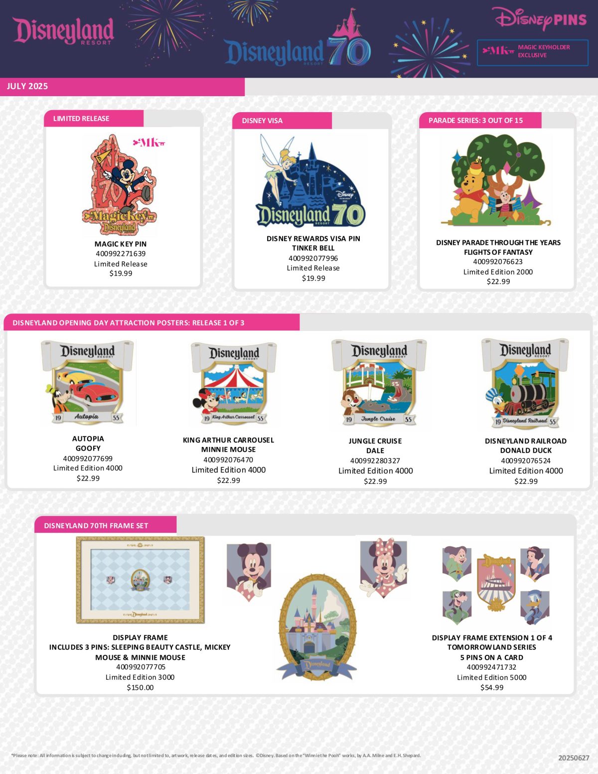 July 2025 Disneyland 70th Anniversary Pin Releases